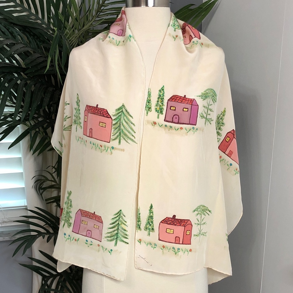 100 % silk Cream Scarf with Pink House Design